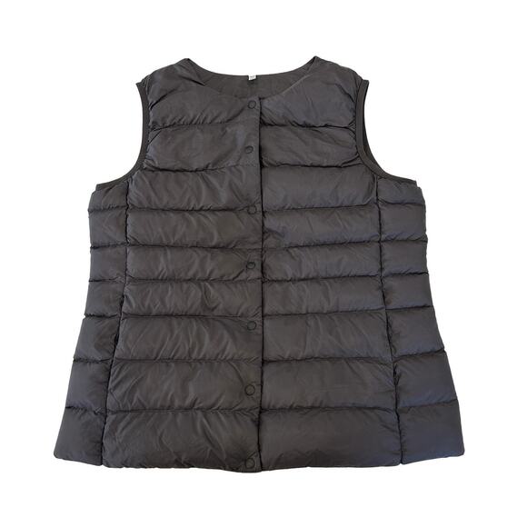 Muji Puffer Down Vest Womens Size S Stone Gray Snap Front Packable Lightweight - Picture 1 of 7